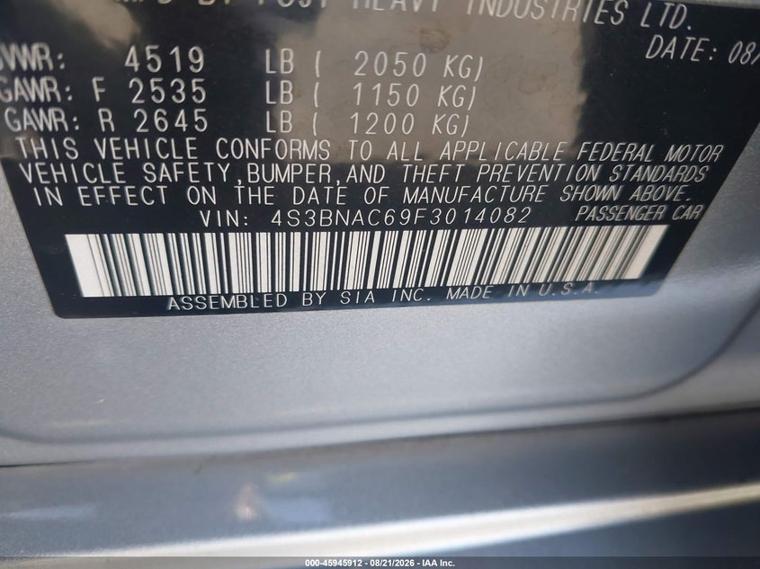 2015 Subaru LEGACY VIN 4S3BNAC69F3014082 IAAI salvage auction — REAR END, Salvage (California), sold $2,000 on 2026-09-04 (photo 9)