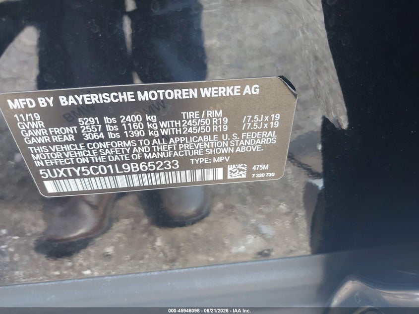 2020 BMW X3 VIN 5UXTY5C01L9B65233 IAAI salvage auction — RIGHT FRONT, Wait Title, sold $9,900 on 2026-09-10 (photo 9)