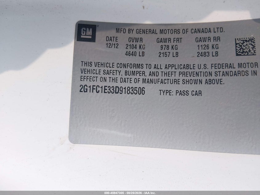 2013 Chevrolet Camaro VIN 2G1FC1E33D9183506 IAAI salvage auction — FRONT END, Wait Title, sold $25 on 2026-10-05 (photo 9)