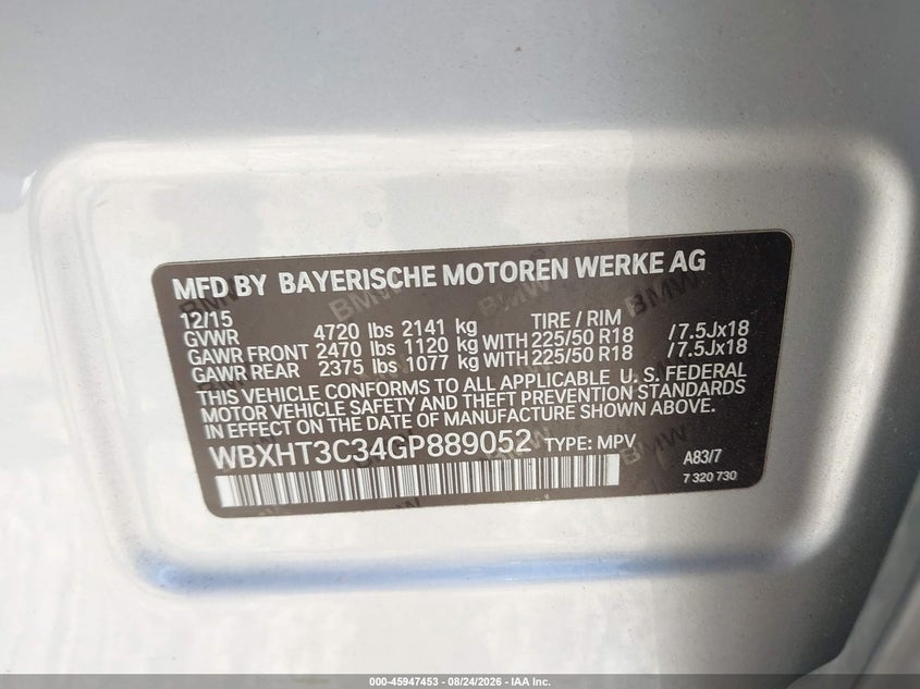 2016 BMW X1 VIN WBXHT3C34GP889052 IAAI salvage auction — WATER/FLOOD, Salvage (Ohio), sold $2,000 on 2026-10-22 (photo 9)