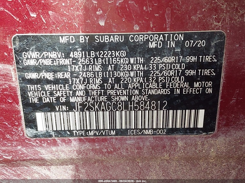 2020 Subaru Forester VIN JF2SKAGC8LH584812 IAAI salvage auction — NORMAL WEAR, Certificate Of Origin (New Jersey), sold $8,350 on 2026-08-31 (photo 9)