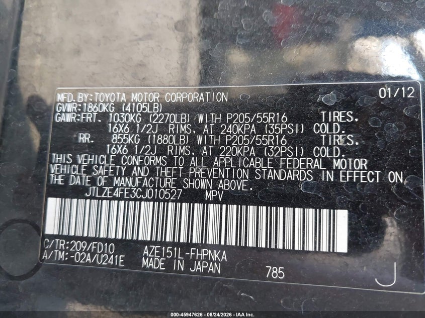 2012 Scion Xb VIN JTLZE4FE3CJ010527 IAAI salvage auction — REAR END, Salvage Title, sold $2,700 on 2026-09-25 (photo 9)
