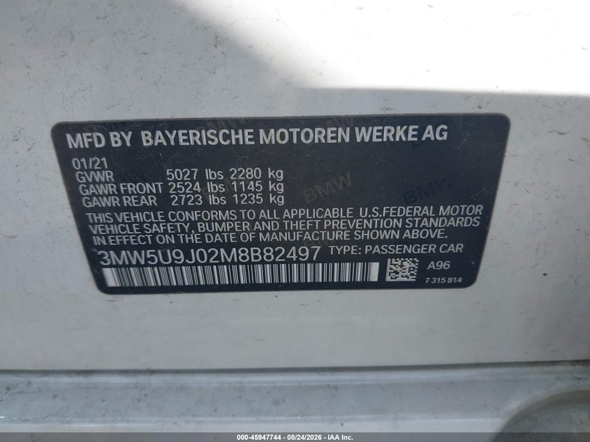 2021 BMW 3er VIN 3MW5U9J02M8B82497 IAAI salvage auction — FRONT END, Salvage (Indiana), sold $23,000 on 2026-09-16 (photo 9)