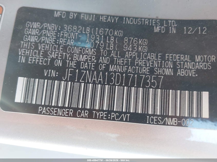 2013 Scion Fr-s VIN JF1ZNAA13D1717357 IAAI salvage auction — NORMAL WEAR, Wait Title, sold $1,675 on 2026-09-22 (photo 9)