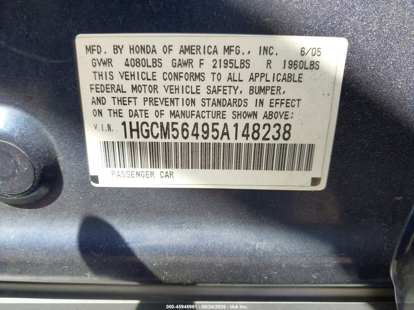 2005 Honda Accord VIN 1HGCM56495A148238 IAAI salvage auction — RIGHT FRONT, Salvage Certificate (California), sold $600 on 2026-08-31 (photo 9)
