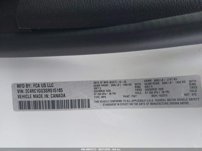 2025 Chrysler Pacifica VIN 2C4RC1GG3SR515185 IAAI salvage auction — FRONT END, Wait Title, sold $17,100 on 2026-08-26 (photo 9)