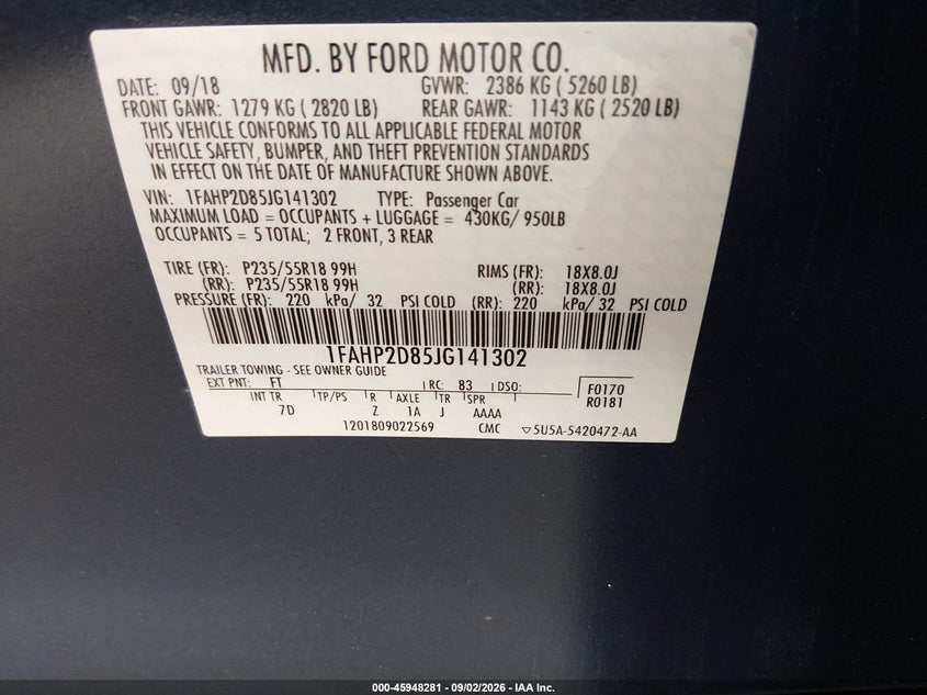 2018 Ford Taurus VIN 1FAHP2D85JG141302 IAAI salvage auction — NORMAL WEAR, SF97 (Maryland), sold $7,100 on 2026-09-08 (photo 9)