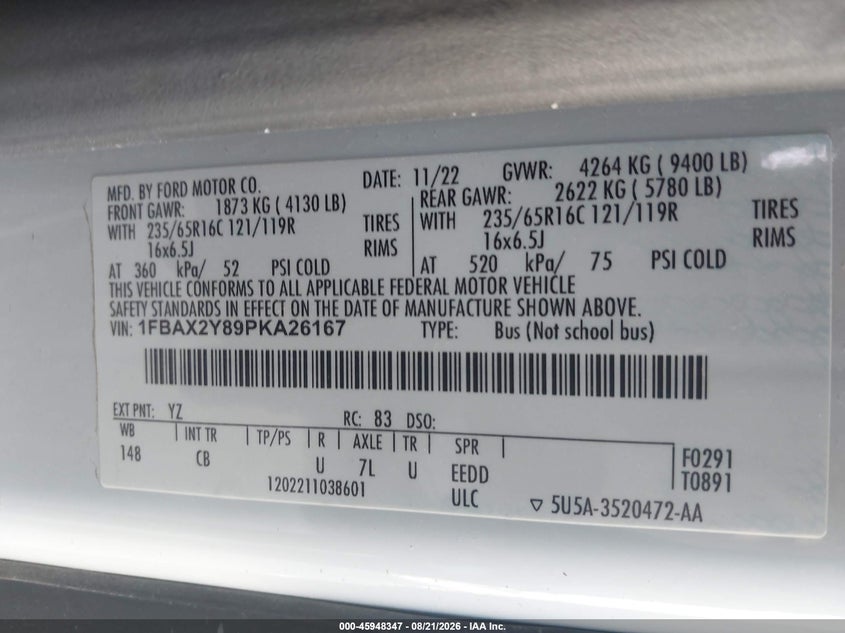 2023 Ford Transit VIN 1FBAX2Y89PKA26167 IAAI salvage auction — NORMAL WEAR, Sf97 (New York), sold $22,375 on 2026-09-08 (photo 9)