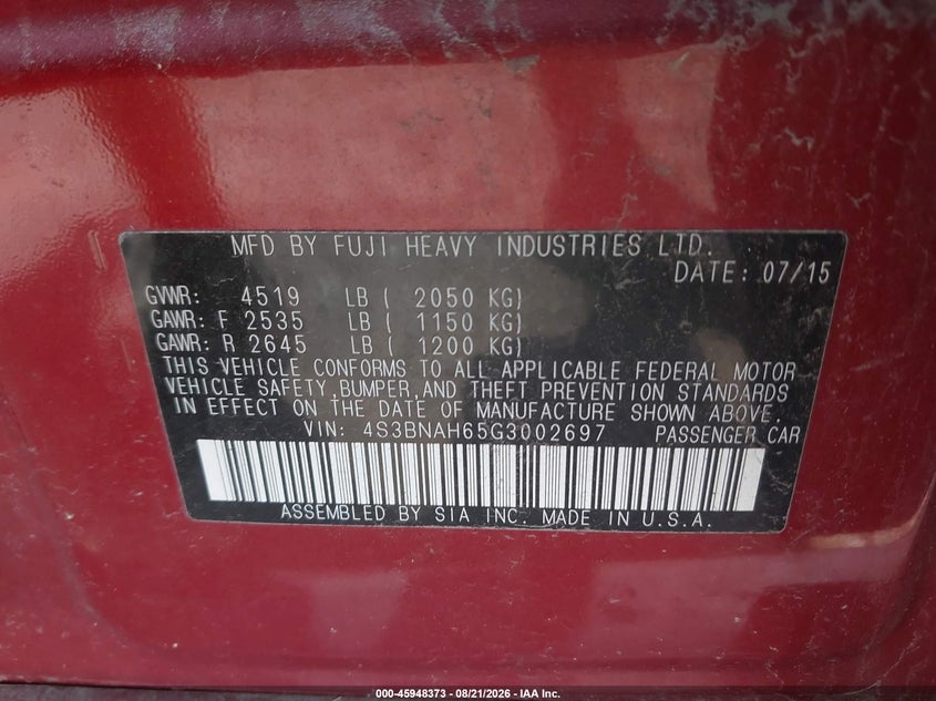 2016 Subaru LEGACY VIN 4S3BNAH65G3002697 IAAI salvage auction — FRONT END, Wait Title, sold $2,500 on 2026-09-15 (photo 9)