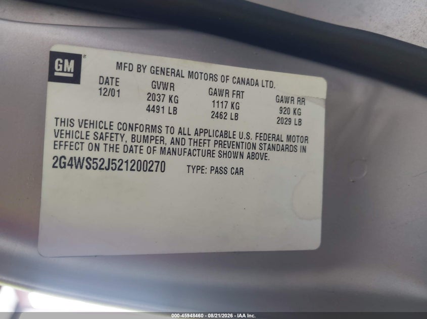 2002 Buick Century VIN 2G4WS52J521200270 IAAI salvage auction — NORMAL WEAR, Clear (Florida), sold $700 on 2026-08-26 (photo 9)