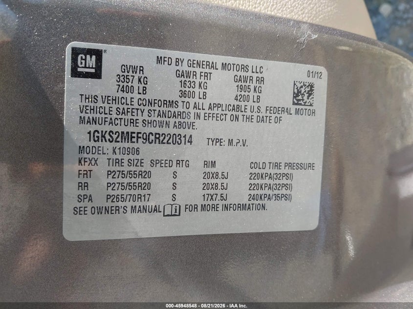 2012 Gmc Yukon VIN 1GKS2MEF9CR220314 IAAI salvage auction — NORMAL WEAR, Clear (Virginia), sold $1,975 on 2026-09-04 (photo 9)