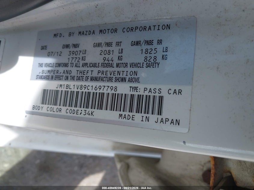 2012 Mazda 3 VIN JM1BL1V89C1697798 IAAI salvage auction — NORMAL WEAR, Original (Maine), sold $0 on 2026-09-16 (photo 9)