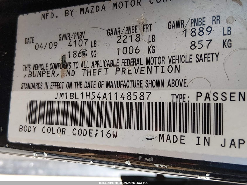 2010 Mazda 3 VIN JM1BL1H54A1148587 IAAI salvage auction — FRONT END, Salvage (Texas), sold $175 on 2026-09-29 (photo 9)