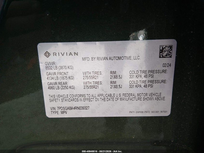 2024 Rivian R1s VIN 7PDSGABA4RN039327 IAAI salvage auction — FRONT END, Wait Title, sold $17,200 on 2026-09-08 (photo 9)