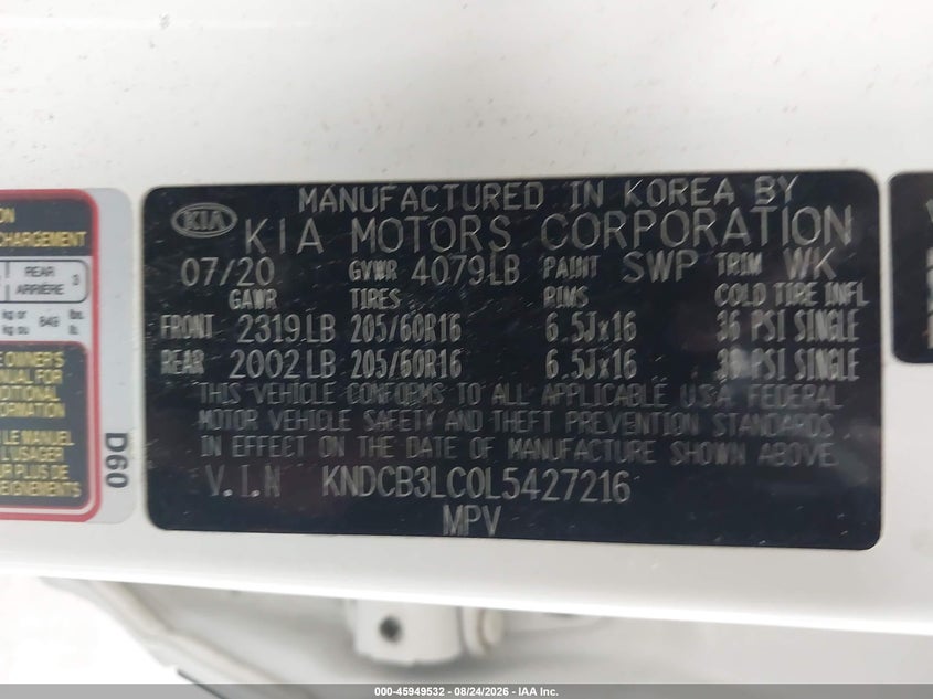 2020 Kia Niro VIN KNDCB3LC0L5427216 IAAI salvage auction — RIGHT FRONT, Salvage Title, sold $4,700 on 2026-09-27 (photo 9)