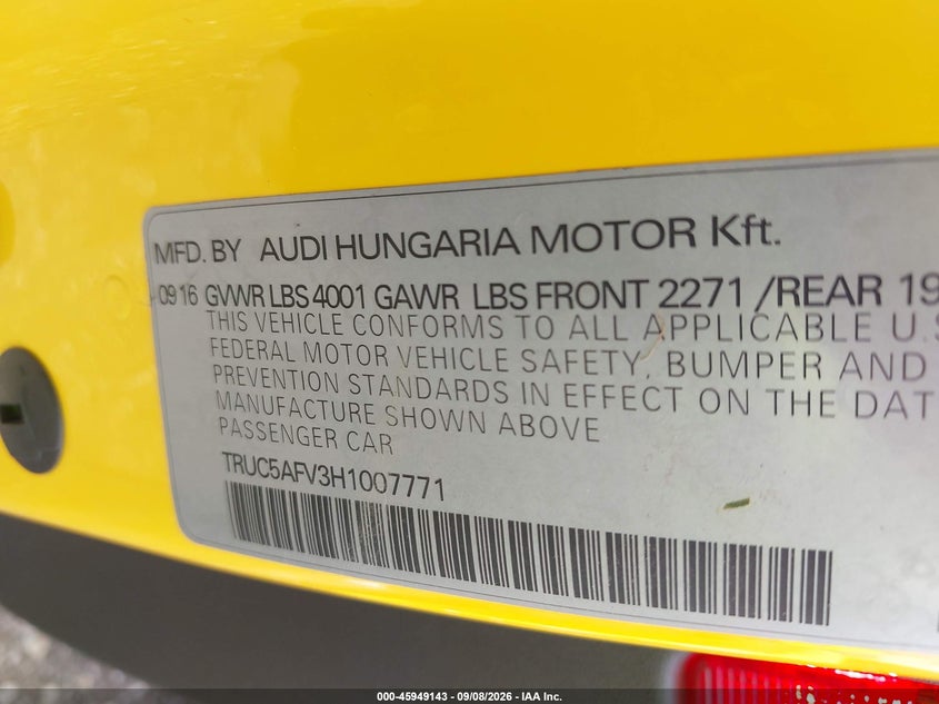 2017 Audi Tt VIN TRUC5AFV3H1007771 IAAI salvage auction — SIDE, Salvage Title, sold $7,000 on 2026-10-08 (photo 9)