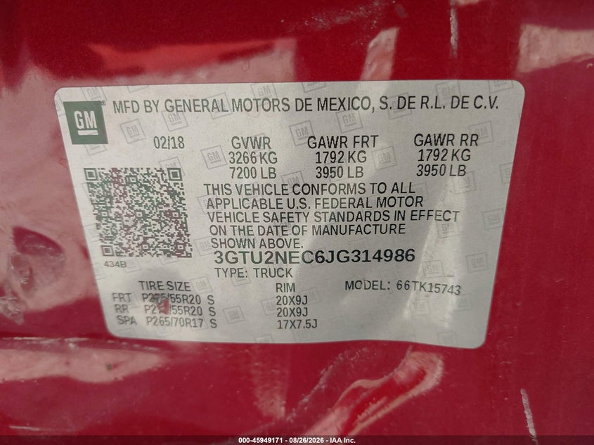 2018 Gmc SIERRA VIN 3GTU2NEC6JG314986 IAAI salvage auction — LEFT SIDE, Wait Title, sold $9,400 on 2026-09-26 (photo 9)
