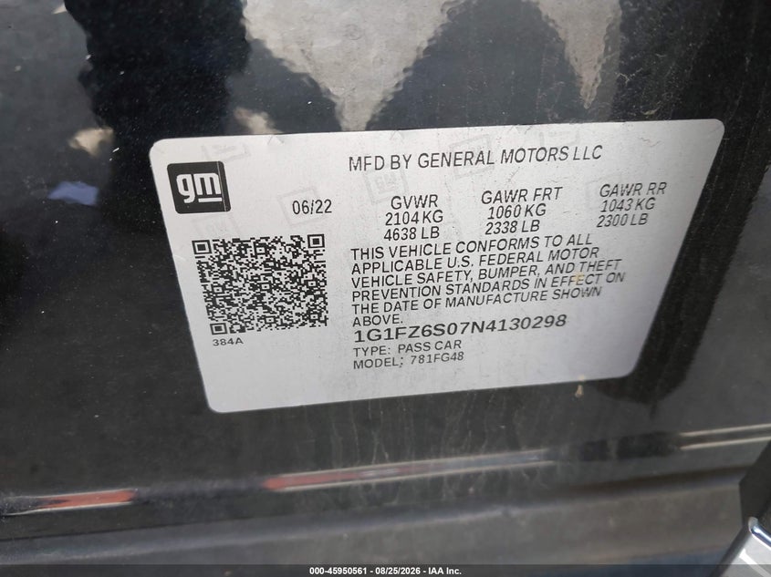 2022 Chevrolet Bolt euv VIN 1G1FZ6S07N4130298 IAAI salvage auction — FRONT & REAR, Wait Title, sold $8,100 on 2026-09-26 (photo 9)