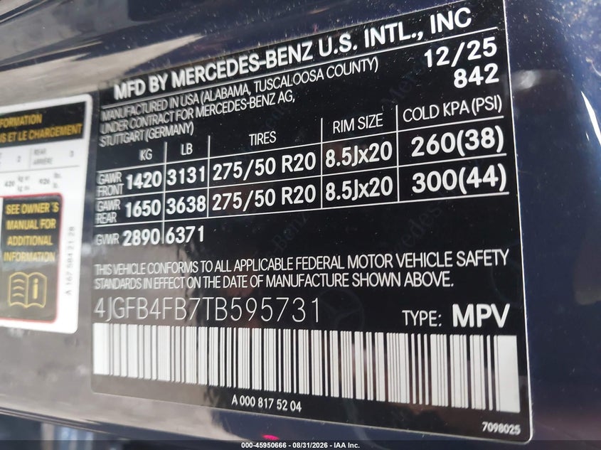 2026 Mercedes-benz Gle VIN 4JGFB4FB7TB595731 IAAI salvage auction — RIGHT SIDE, Clear (Wisconsin), sold $26,800 on 2026-09-29 (photo 9)
