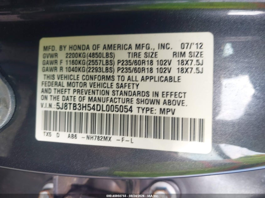 2013 Acura Rdx VIN 5J8TB3H54DL005054 IAAI salvage auction — ROLLOVER, Rebuildable (Florida), sold $1,300 on 2026-09-08 (photo 9)