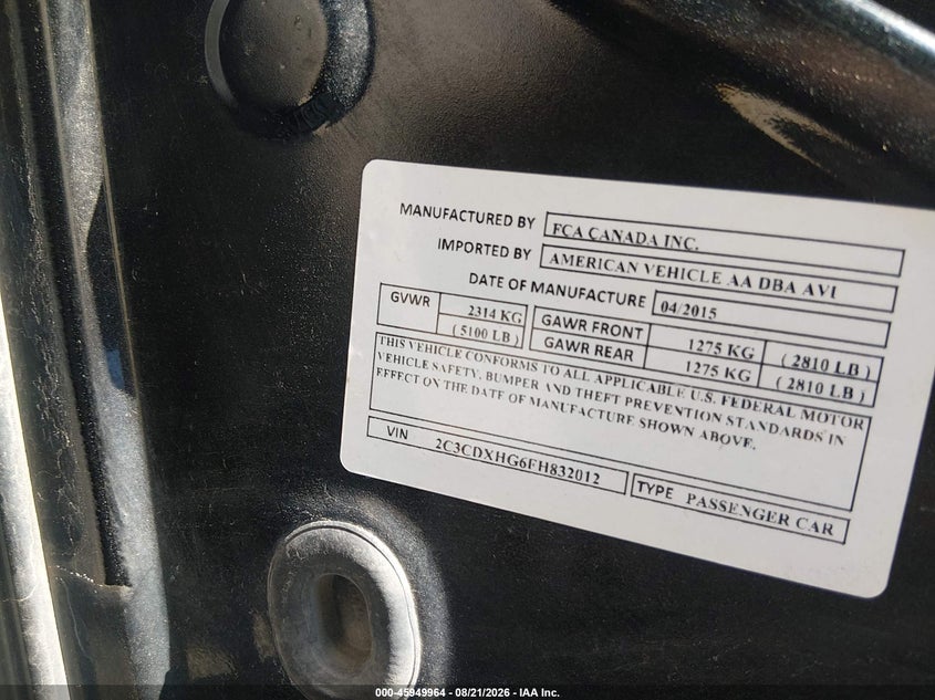 2015 Dodge Charger VIN 2C3CDXHG6FH832012 IAAI salvage auction — NORMAL WEAR, Clear (Texas), sold $750 on 2026-08-28 (photo 9)