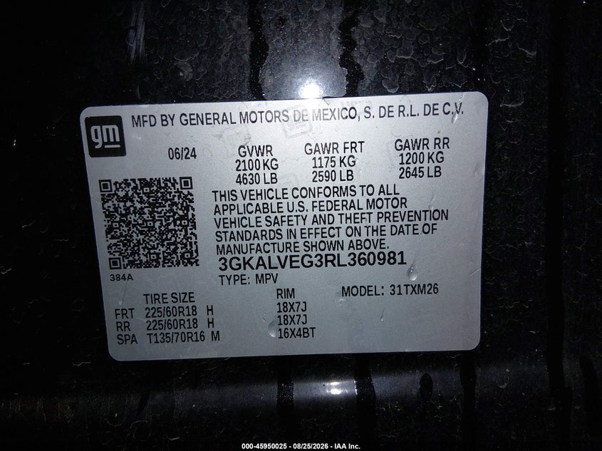 2024 Gmc Terrain VIN 3GKALVEG3RL360981 IAAI salvage auction — REAR END, Enterprise Vehicles Clear Only (Alaska), sold $17,500 on 2026-09-04 (photo 9)