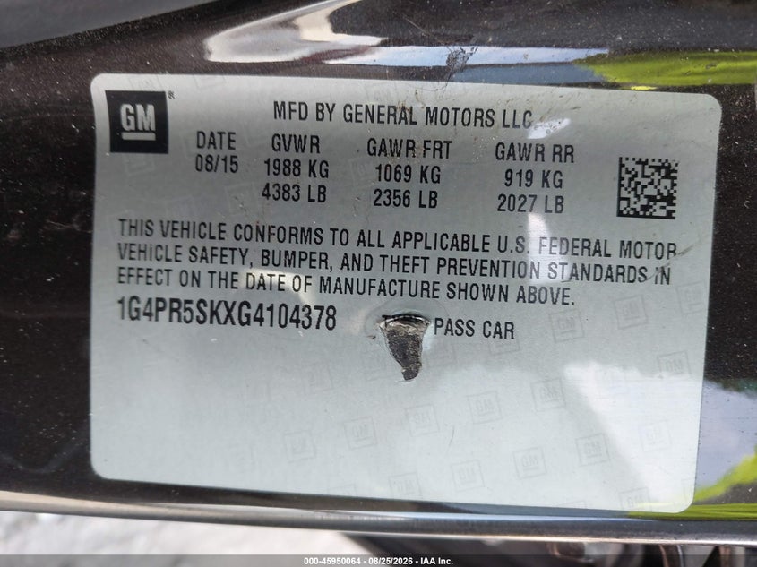 2016 Buick Verano VIN 1G4PR5SKXG4104378 IAAI salvage auction — FRONT END, Original (Texas), sold $2,000 on 2026-09-02 (photo 9)
