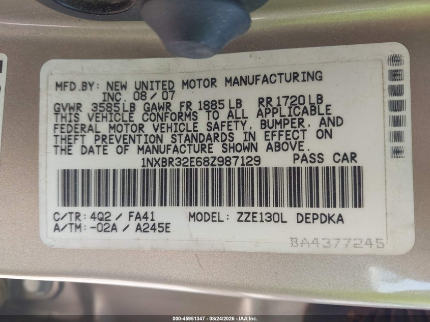 2008 Toyota Corolla VIN 1NXBR32E68Z987129 IAAI salvage auction — NORMAL WEAR, Original (Texas), sold $1,850 on 2026-09-14 (photo 9)