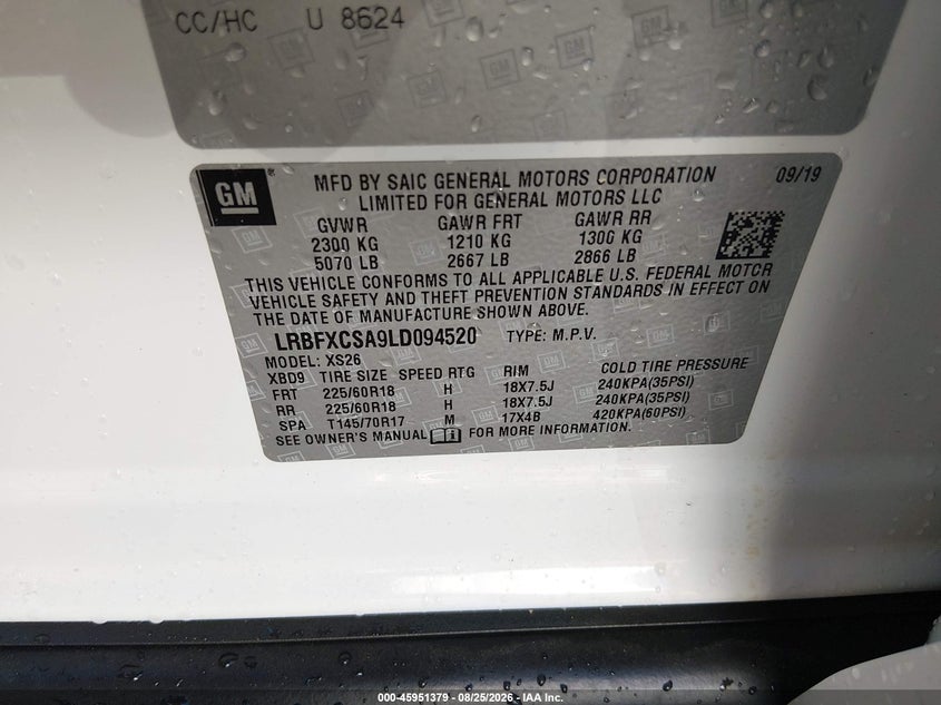 2020 Buick Envision VIN LRBFXCSA9LD094520 IAAI salvage auction — SIDE, Wait Title, sold $3,625 on 2026-09-23 (photo 9)