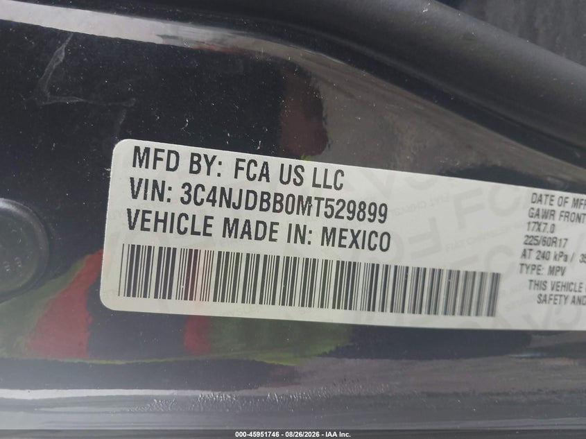 2021 Jeep Compass VIN 3C4NJDBB0MT529899 IAAI salvage auction — RIGHT SIDE, Salvage Title, sold $4,200 on 2026-10-08 (photo 9)