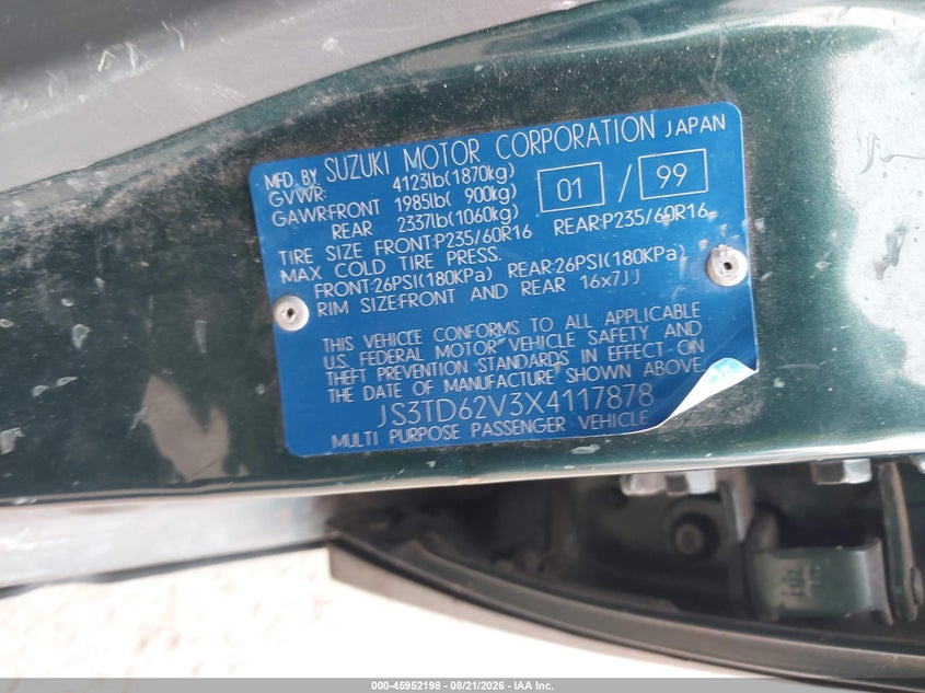 1999 Suzuki Grand vitara VIN JS3TD62V3X4117878 IAAI salvage auction — NORMAL WEAR, Clear (Washington), sold $325 on 2026-09-16 (photo 9)