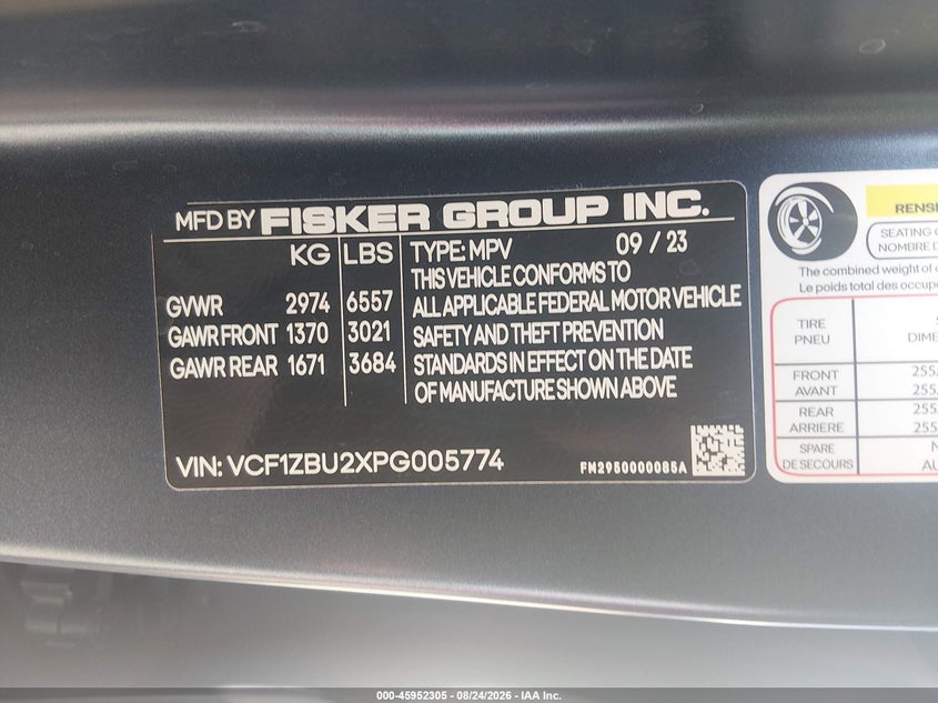 2023 Fisker Ocean VIN VCF1ZBU2XPG005774 IAAI salvage auction — NORMAL WEAR, Clear (Indiana), sold $10,500 on 2026-09-09 (photo 9)