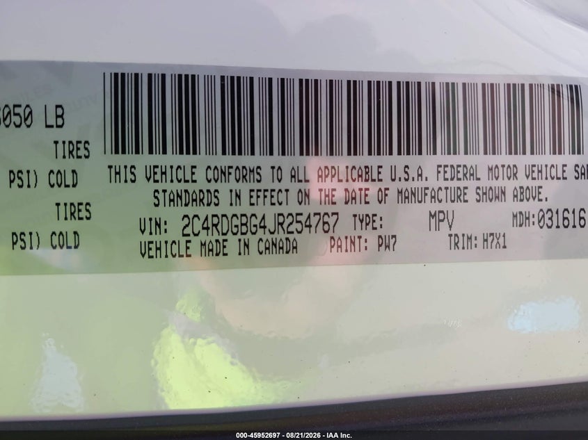2018 Dodge Grand caravan VIN 2C4RDGBG4JR254767 IAAI salvage auction — NORMAL WEAR, Sf97 (California), sold $9,100 on 2026-09-17 (photo 9)