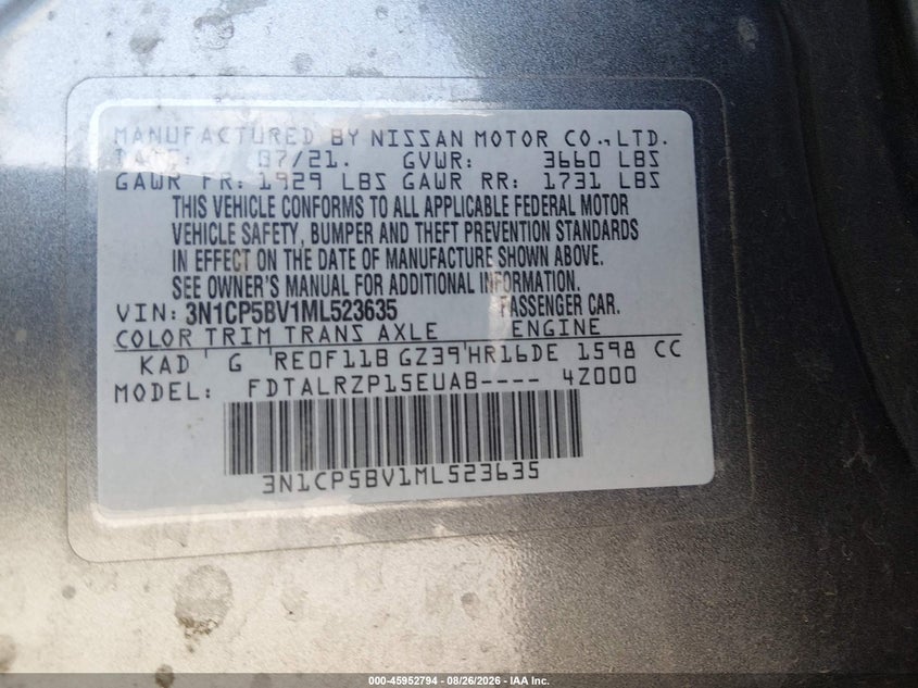 2021 Nissan Kicks VIN 3N1CP5BV1ML523635 IAAI salvage auction — REAR END, Salvage Title, sold $3,700 on 2026-10-04 (photo 9)