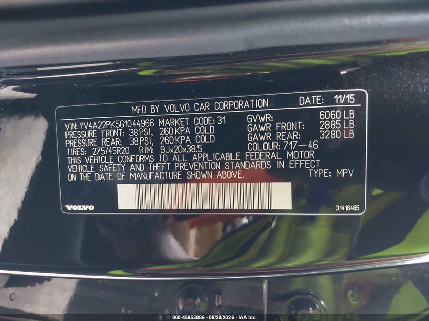 2016 Volvo Xc90 VIN YV4A22PK5G1044966 IAAI salvage auction — WATER/FLOOD, Mv-907A (New York), sold $4,550 on 2026-09-02 (photo 9)