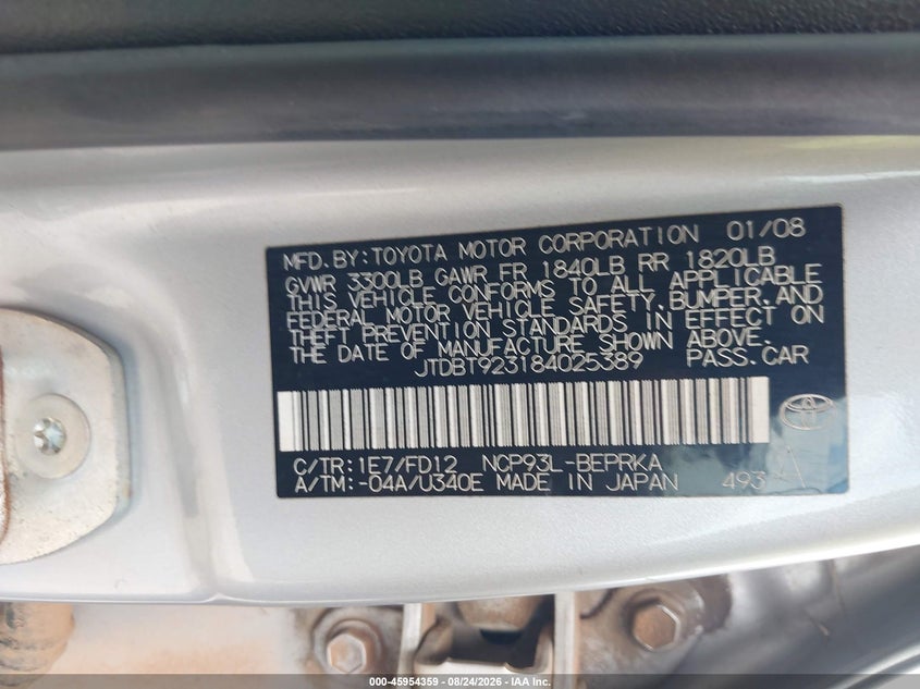 2008 Toyota Yaris VIN JTDBT923184025389 IAAI salvage auction — NORMAL WEAR, Clear - Public Restricted (Oklahoma), sold $0 on 2026-09-26 (photo 9)