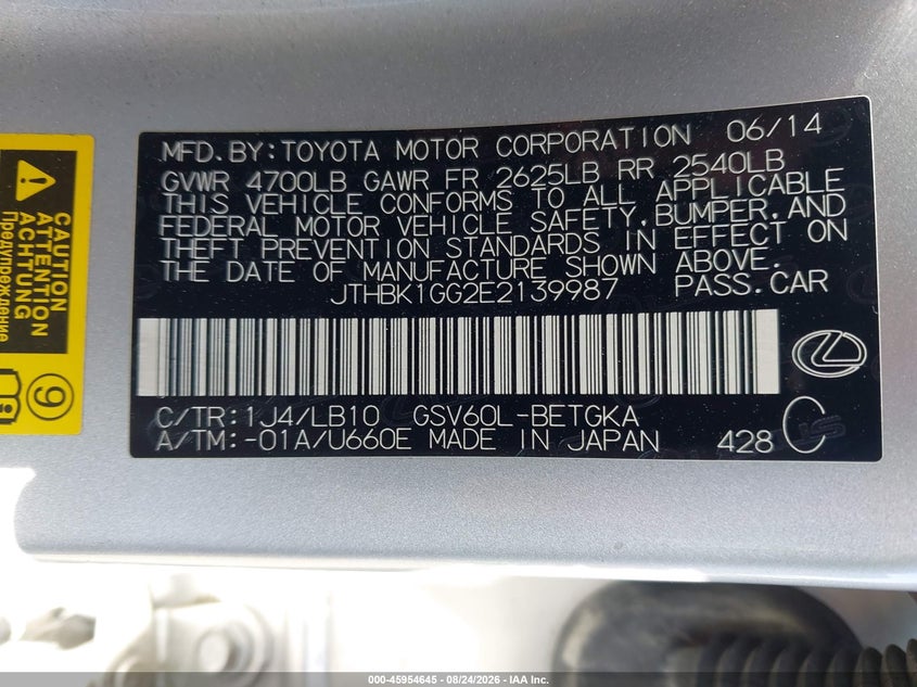 2014 Lexus VIN JTHBK1GG2E2139987 IAAI salvage auction — FRONT & REAR, Salvage Title, sold $4,000 on 2026-09-07 (photo 9)