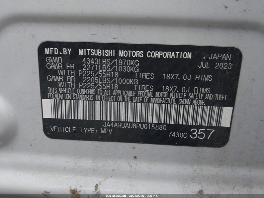 2023 Mitsubishi Outlander VIN JA4ARUAU8PU015880 IAAI salvage auction — FRONT END, Salvage Title, sold $6,300 on 2026-09-22 (photo 9)
