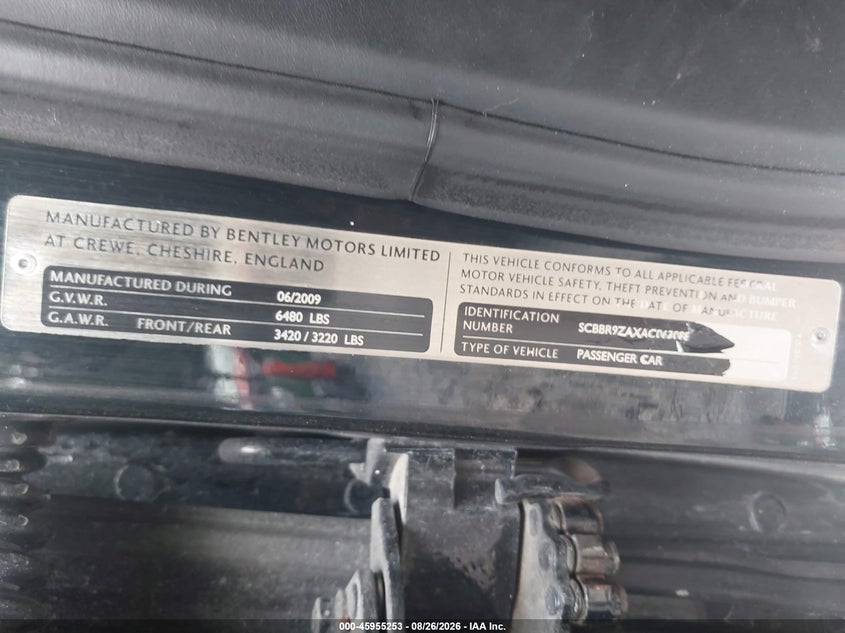 2010 Bentley Continental flying spur VIN SCBBR9ZAXAC063088 IAAI salvage auction — UNKNOWN, Clear (California), sold $6,250 on 2026-09-15 (photo 9)