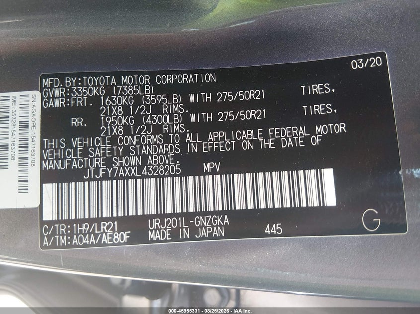 2020 Lexus Lx VIN JTJFY7AXXL4328205 IAAI salvage auction — REAR END, Clear (Tennessee), sold $37,400 on 2026-09-03 (photo 9)