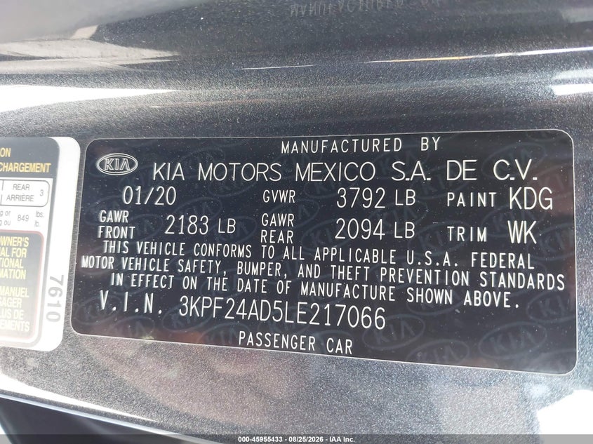 2020 Kia Forte VIN 3KPF24AD5LE217066 IAAI salvage auction — REAR END, Salvage (California), sold $2,800 on 2026-09-09 (photo 9)