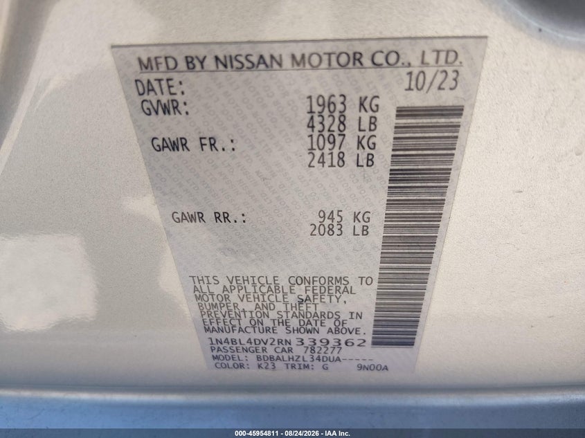 2024 Nissan Altima VIN 1N4BL4DV2RN339362 IAAI salvage auction — HAIL, Enterprise Vehicles Clear Only (Texas), sold $11,900 on 2026-09-01 (photo 9)