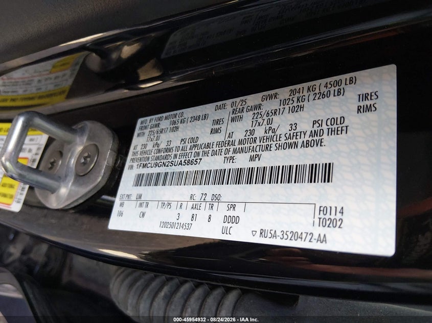 2025 Ford Escape VIN 1FMCU9GN2SUA58657 IAAI salvage auction — HAIL, Enterprise Vehicles Clear Only (Missouri), sold $12,375 on 2026-08-25 (photo 9)