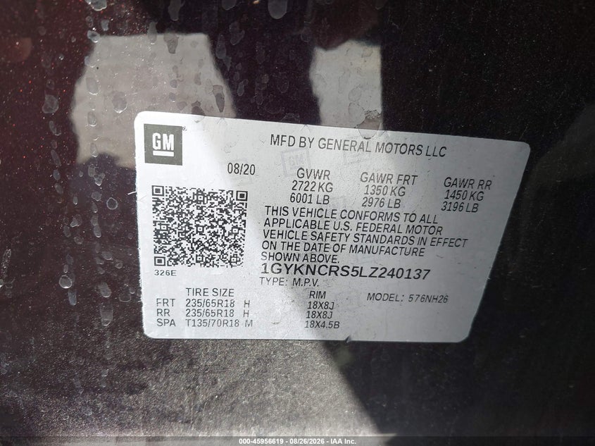 2020 Cadillac Xt5 VIN 1GYKNCRS5LZ240137 IAAI salvage auction — FRONT END, Wait Title, sold $4,475 on 2026-09-16 (photo 9)
