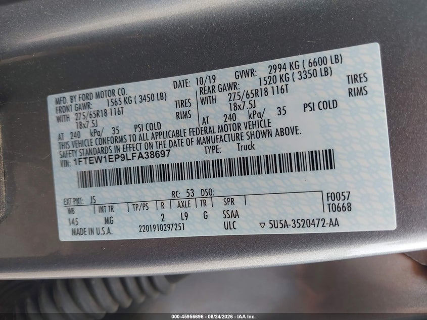 2020 Ford F-150 VIN 1FTEW1EP9LFA38697 IAAI salvage auction — REAR END, Salvage Title, sold $8,500 on 2026-10-05 (photo 9)