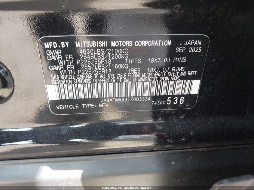 2026 Mitsubishi Eclipse cross VIN JA4ATWAA9TZ003334 IAAI salvage auction — LEFT FRONT, Enterprise Vehicles Clear Only (Virginia), sold $7,100 on 2026-08-28 (photo 9)