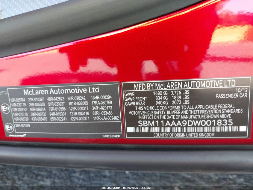 2013 Mclaren Mp4-12c VIN SBM11AAA9DW001835 IAAI salvage auction — UNDERCARRIAGE, Salvage (California), sold $45,600 on 2026-09-10 (photo 9)