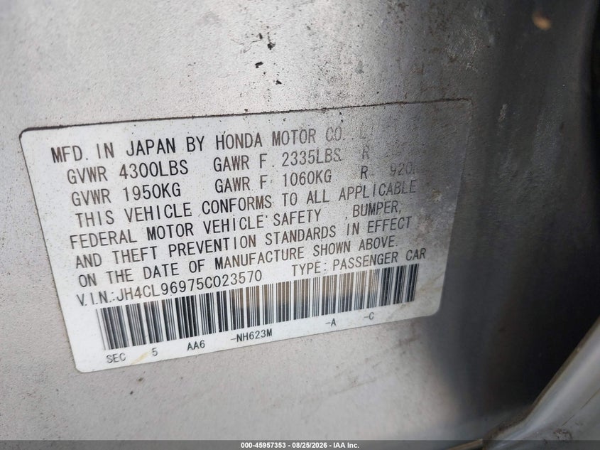 2005 Acura Tsx VIN JH4CL96975C023570 IAAI salvage auction — NORMAL WEAR, Clear (Illinois), sold $325 on 2026-09-30 (photo 9)