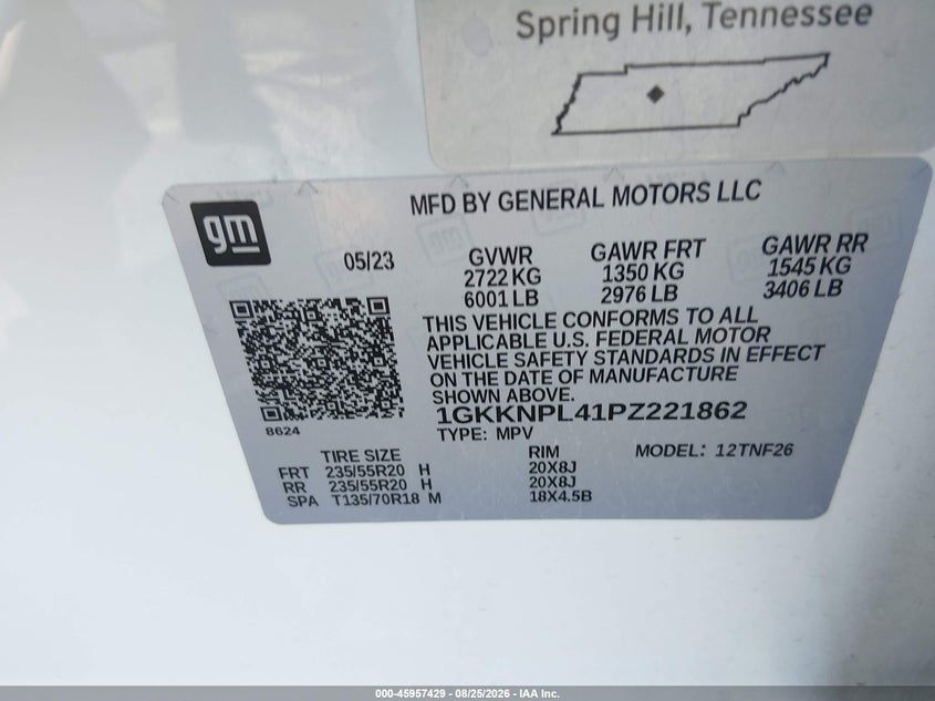 2023 Gmc Acadia VIN 1GKKNPL41PZ221862 IAAI salvage auction — NORMAL WEAR, Clear (Nevada), sold $21,600 on 2026-09-11 (photo 9)