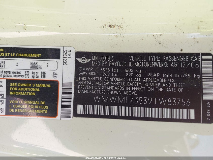 2009 Mini Cooper VIN WMWMF73539TW83756 IAAI salvage auction — NORMAL WEAR, Clear - Dealer Only (California), sold $375 on 2026-09-10 (photo 9)